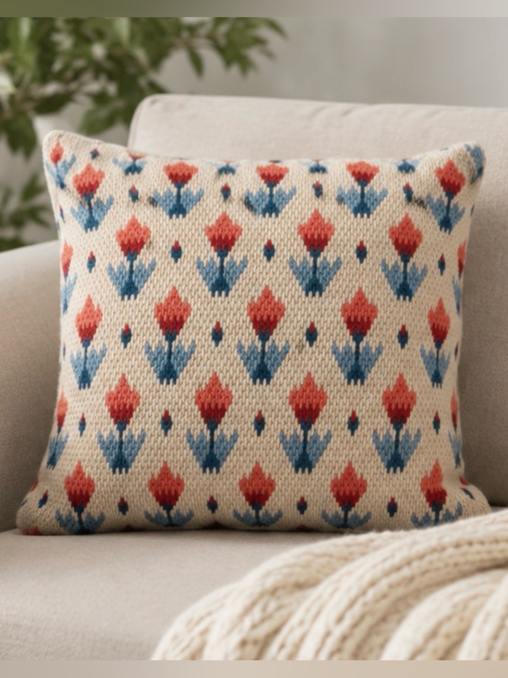 🧵 13” Square Throw Pillow – Cross Stitch Tulip Design 🌷💗💙